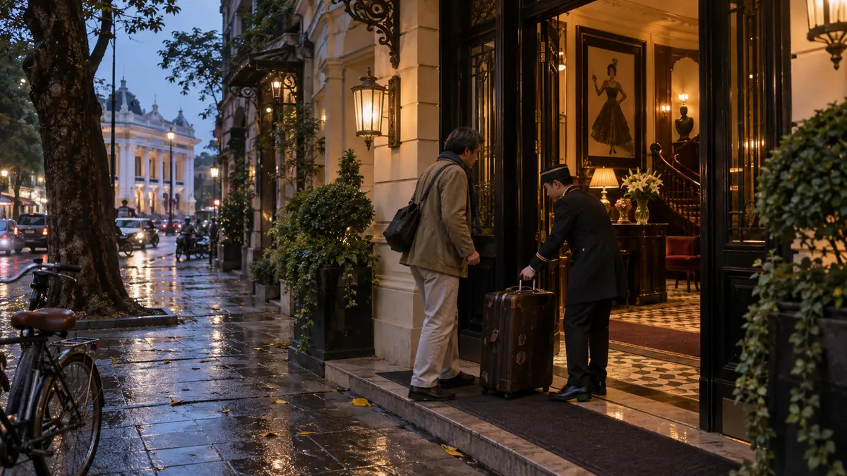 雨上がりのハノイでオペラ装飾の小規模ホテルへ到着する旅行者