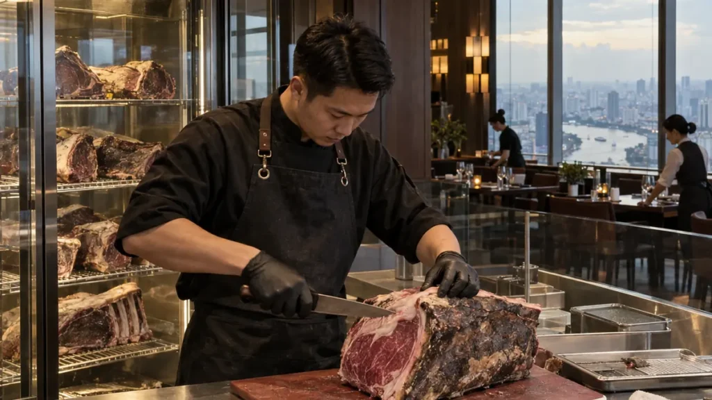 ホーチミン市中心部を望む高層階の店内で熟成肉を切り分ける精肉担当者