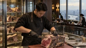 ホーチミン市中心部を望む高層階の店内で熟成肉を切り分ける精肉担当者