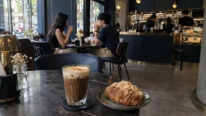ホーチミンのモダンカフェに置かれた塩コーヒーとアーモンドクロワッサン
