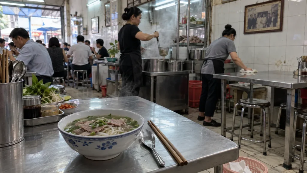 ホーチミンのフォー店でステンレス卓に置かれた牛肉フォーと調理場