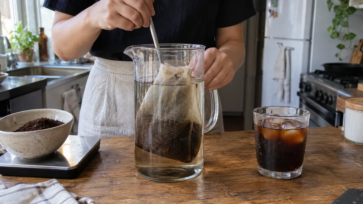 家庭のキッチンでコーヒー粉のフィルターバッグを水に浸してコールドブリューを作る様子