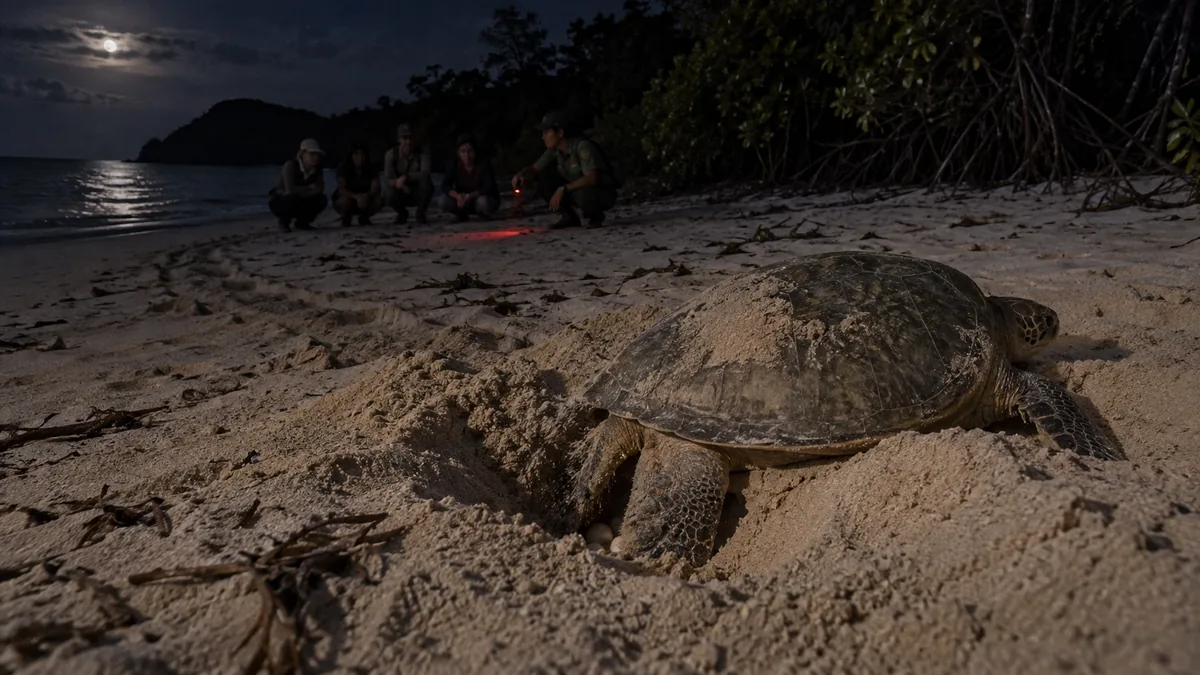 コンダオ島の夜の浜でレンジャーと観察者が見守るアオウミガメの産卵