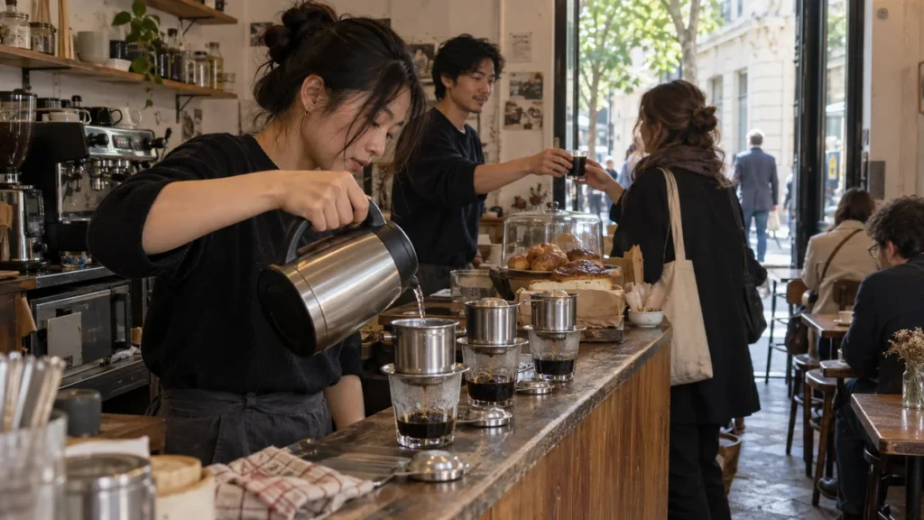 パリの小さなカフェで複数のフィンに湯を注ぐベトナム人店主