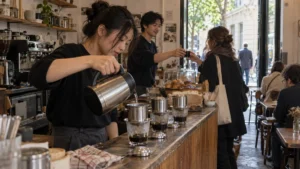パリの小さなカフェで複数のフィンに湯を注ぐベトナム人店主