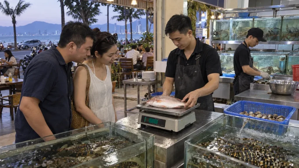 ダナンの海鮮食堂で魚を量り売りする店員と客