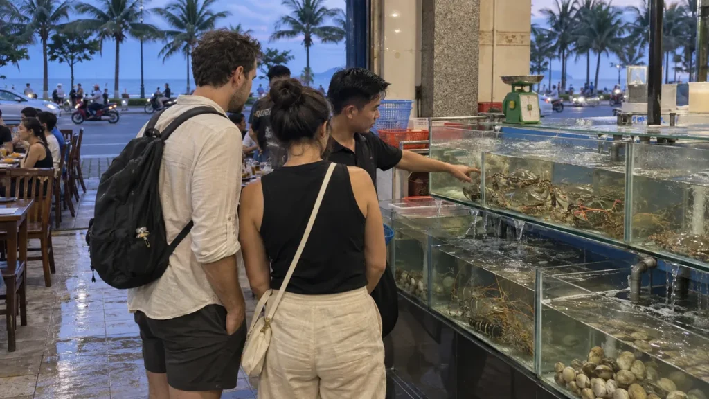 ダナンの海鮮店で水槽の魚介を選ぶ旅行者