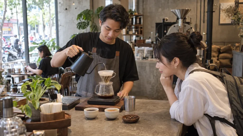 ホーチミンの専門店でベトナム産コーヒーをハンドドリップするバリスタ
