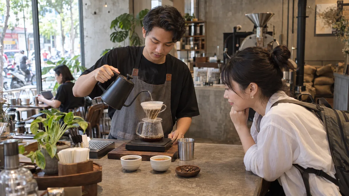 ホーチミンの専門店でベトナム産コーヒーをハンドドリップするバリスタ