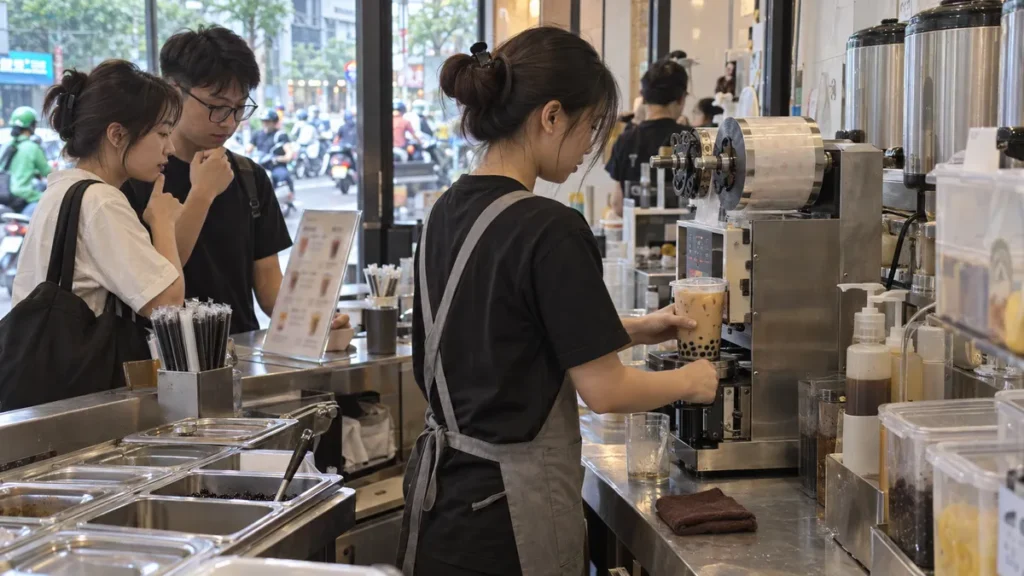 ホーチミンのティーショップでタピオカミルクティーを仕上げる店員と注文する客