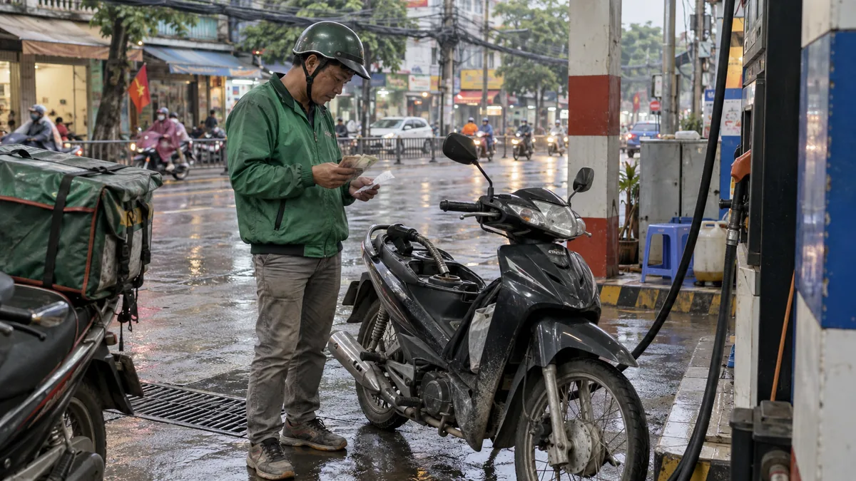 ホーチミン市の給油所で燃料代の領収書と売上を見比べる配車バイク運転手