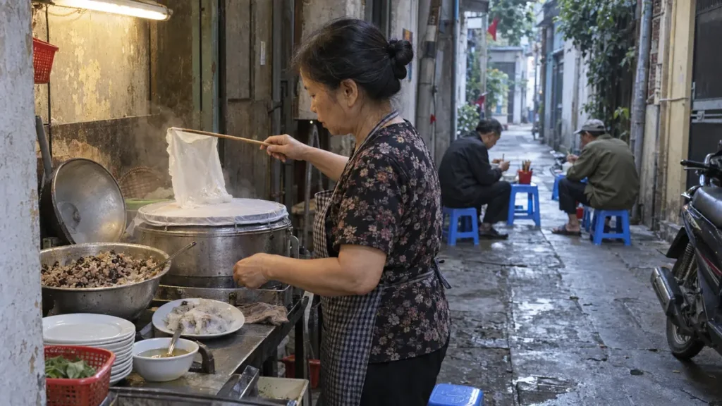 ハノイの路地で竹棒を使いバインクオンを蒸す女性