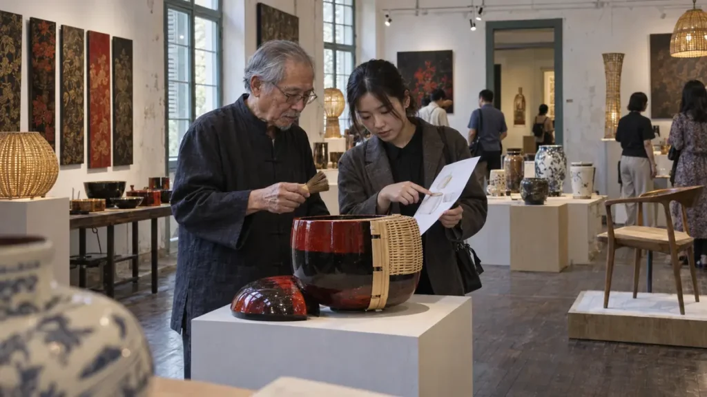 ハノイの工芸展で漆と竹の作品を検討する職人と若手デザイナー