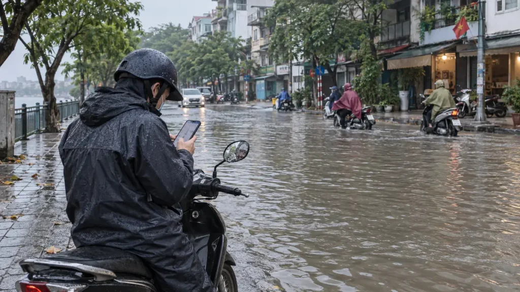 雨のハノイで冠水した道路を前にスマートフォンの地図を確認するバイク利用者
