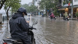 雨のハノイで冠水した道路を前にスマートフォンの地図を確認するバイク利用者