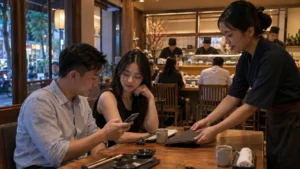ハノイの日本料理店で予約画面を確認する二人とスタッフ