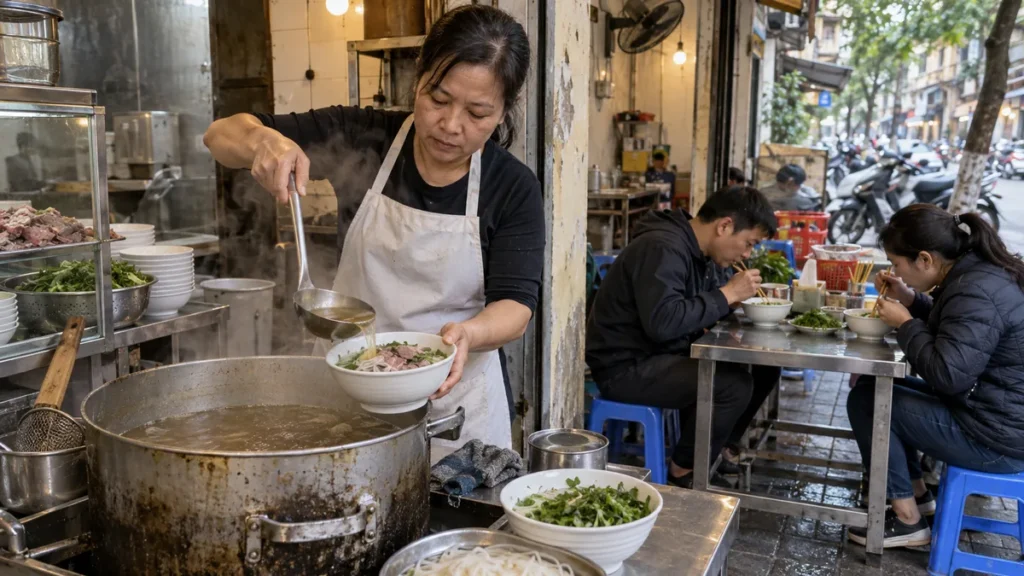 ハノイの朝の食堂でフォーのスープを注ぐ店員と食事客