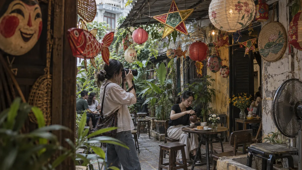 ハノイの中秋飾りが並ぶ屋外カフェで写真を撮る来店客