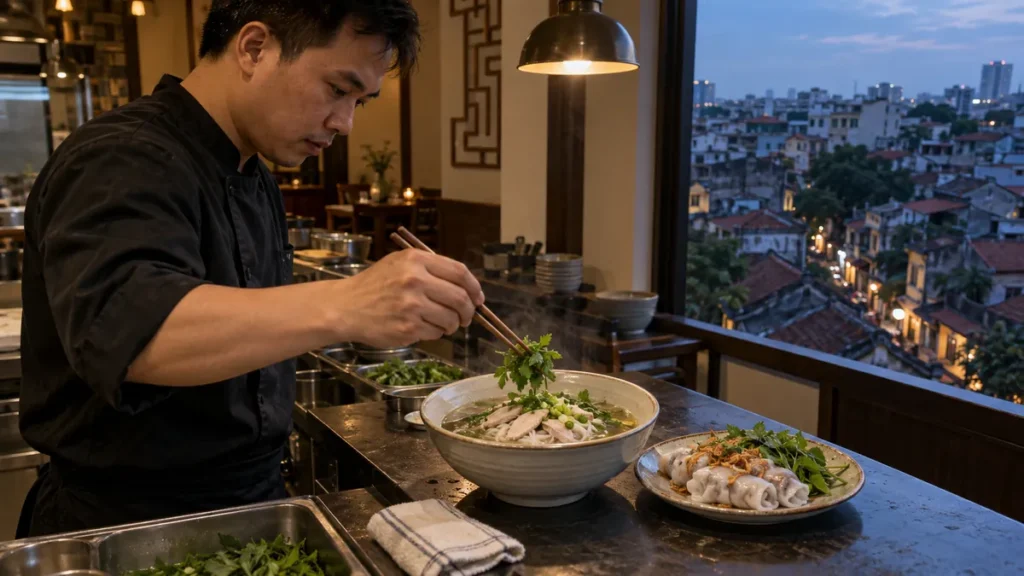 ハノイ旧市街を望むレストランでフォーを仕上げる料理人