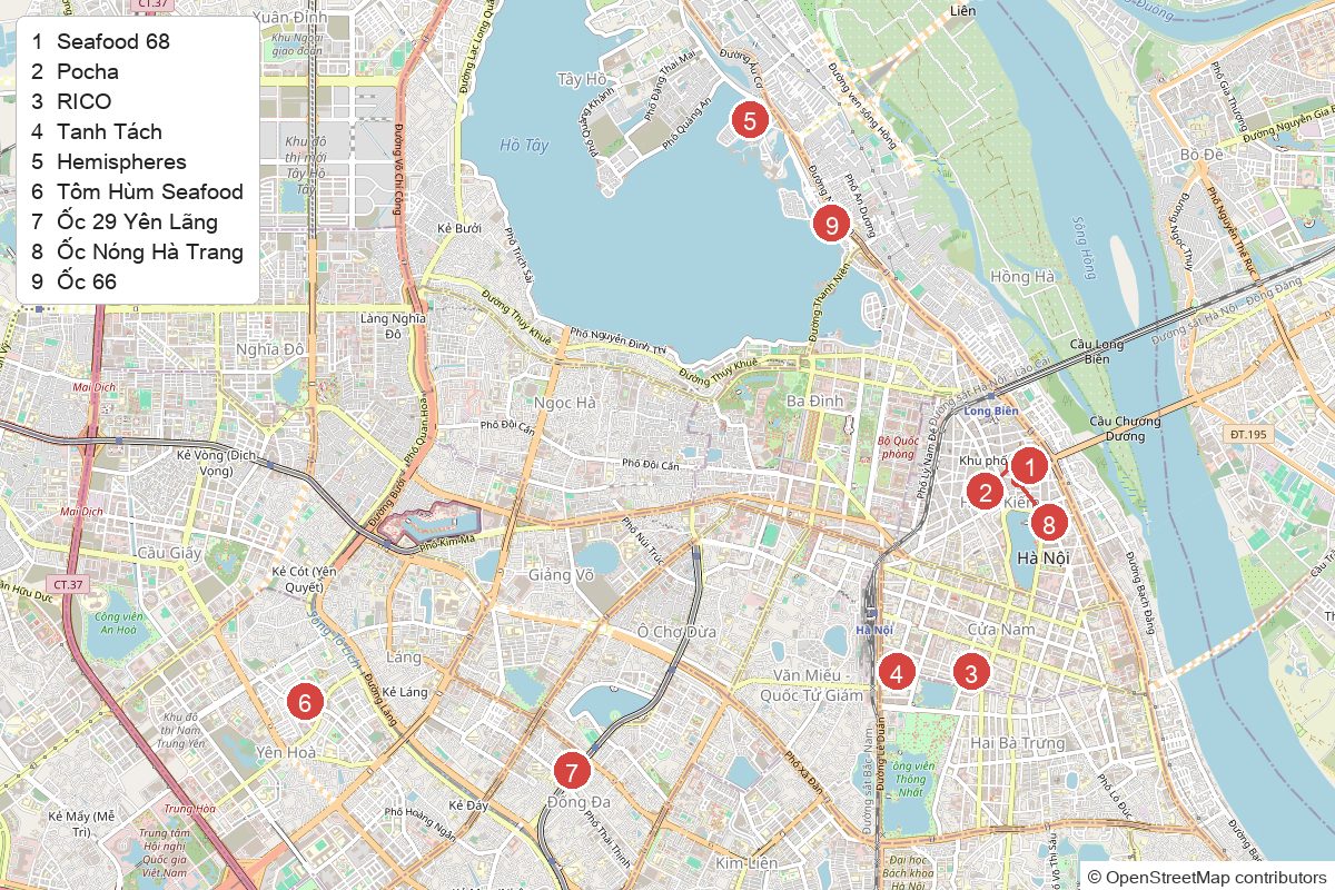 ハノイの海鮮の店9店の位置を番号で示した地図