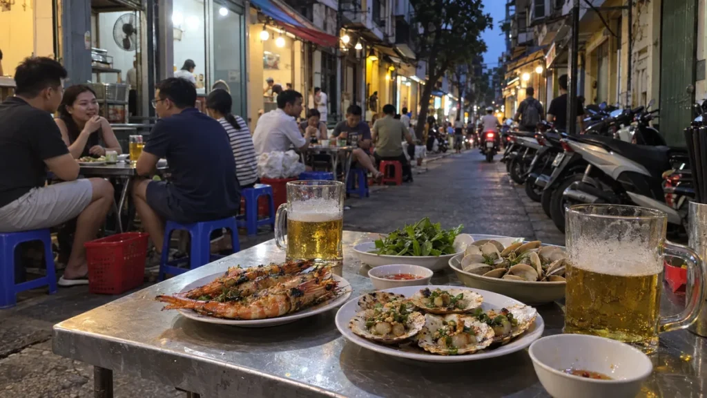 ハノイ旧市街の路上席で味わう海鮮料理とビアホイ