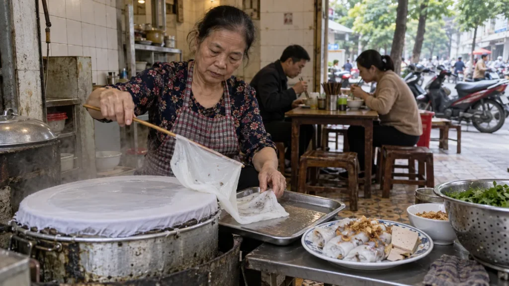 ハノイの朝食店でバインクオンを蒸す料理人