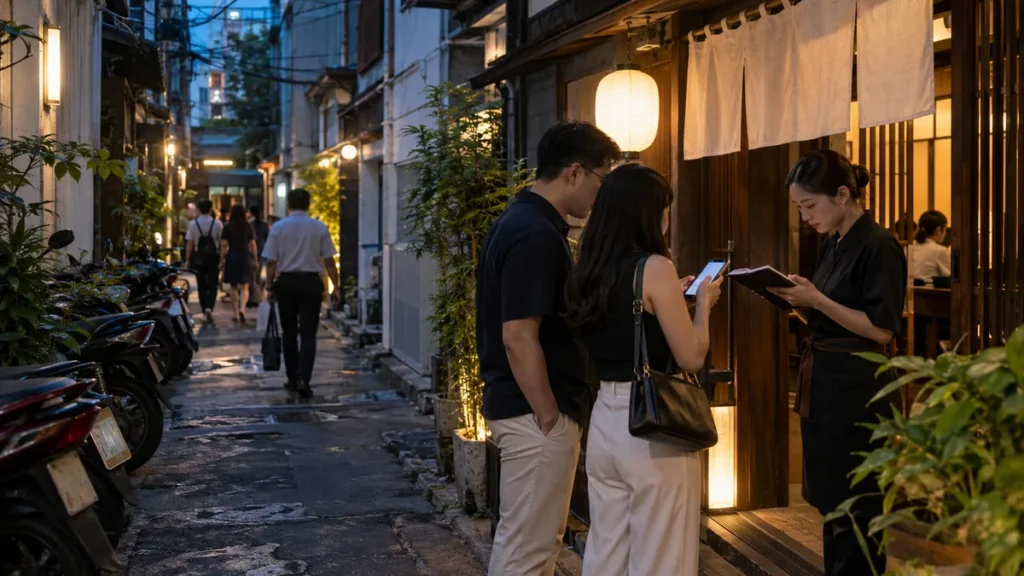 ホーチミン日本人街の和食店前で予約を確認する来店客