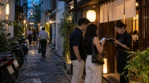 ホーチミン日本人街の和食店前で予約を確認する来店客
