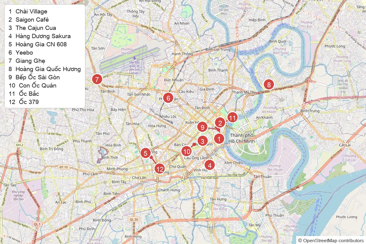 ホーチミンの海鮮の店12店の位置を番号で示した地図