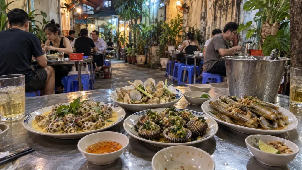 ホーチミンの路地にある貝料理店の食卓