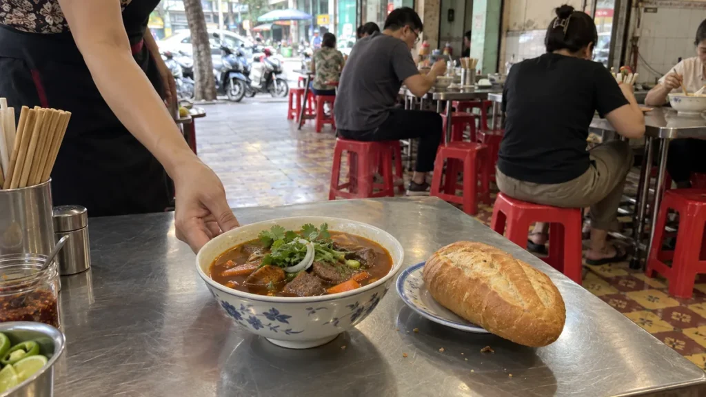 ホーチミンの食堂でボーコーとパンを配膳する様子