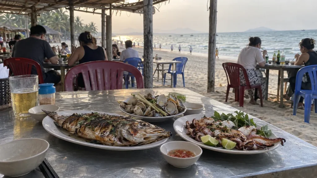 ホイアンのビーチ沿い食堂に並ぶ魚介料理