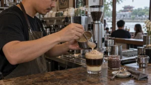 フエのカフェでマムルオック入りクリームを重ねるコーヒーの調理