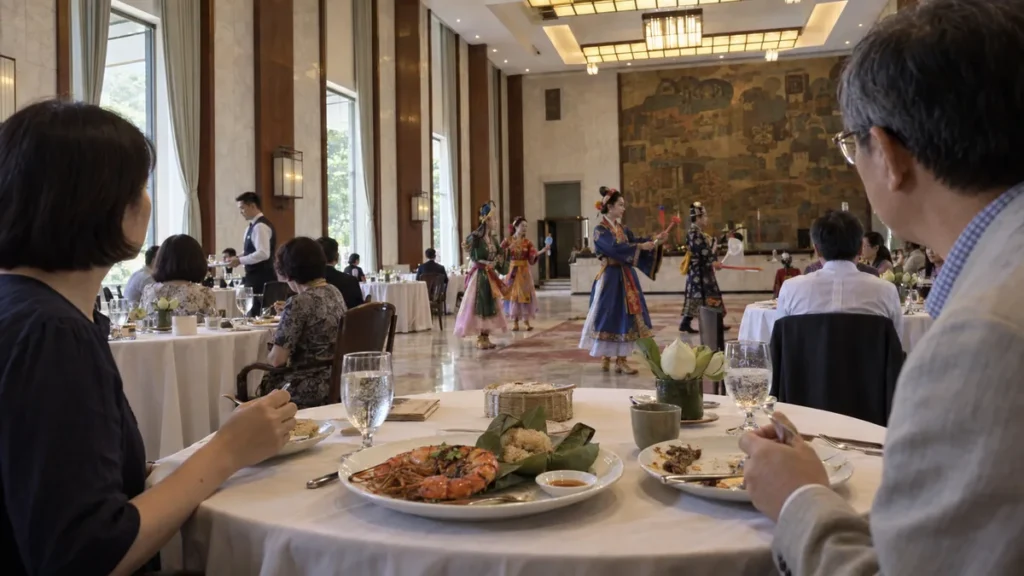 ホーチミンの独立宮殿で伝統舞踊を見ながらコース料理を味わう昼食会