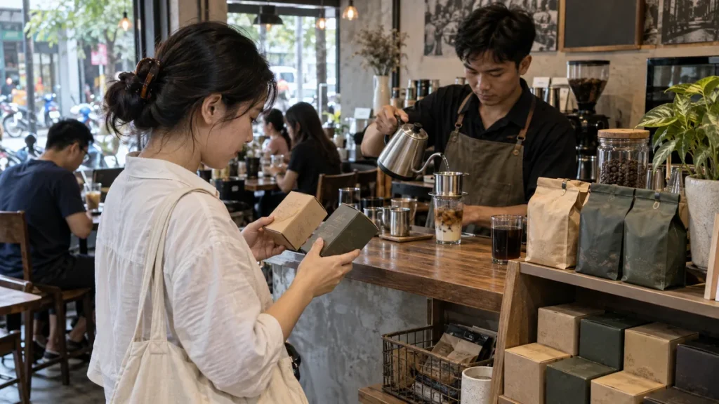 ホーチミンのカフェで持ち帰り用コーヒーを選ぶ客とベトナムコーヒーを淹れる店員