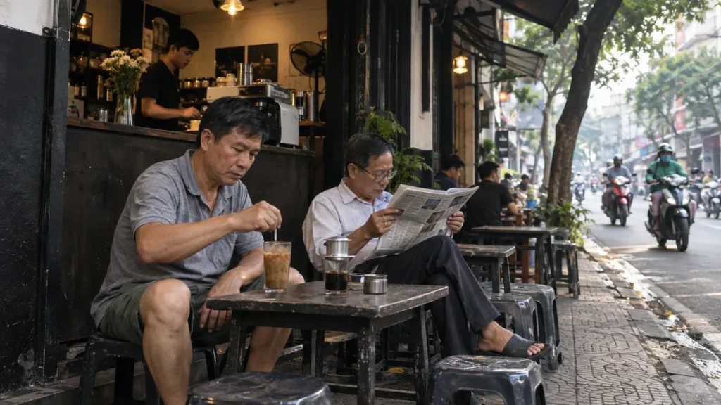 ホーチミンの街角カフェでベトナムコーヒーを楽しむ地元客