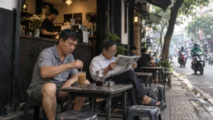 ホーチミンの街角カフェでベトナムコーヒーを楽しむ地元客