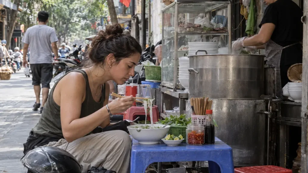 ハノイ旧市街の歩道の食堂で低い椅子に座りフォーを食べる旅行者