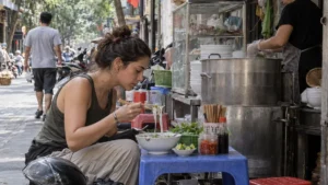 ハノイ旧市街の歩道の食堂で低い椅子に座りフォーを食べる旅行者