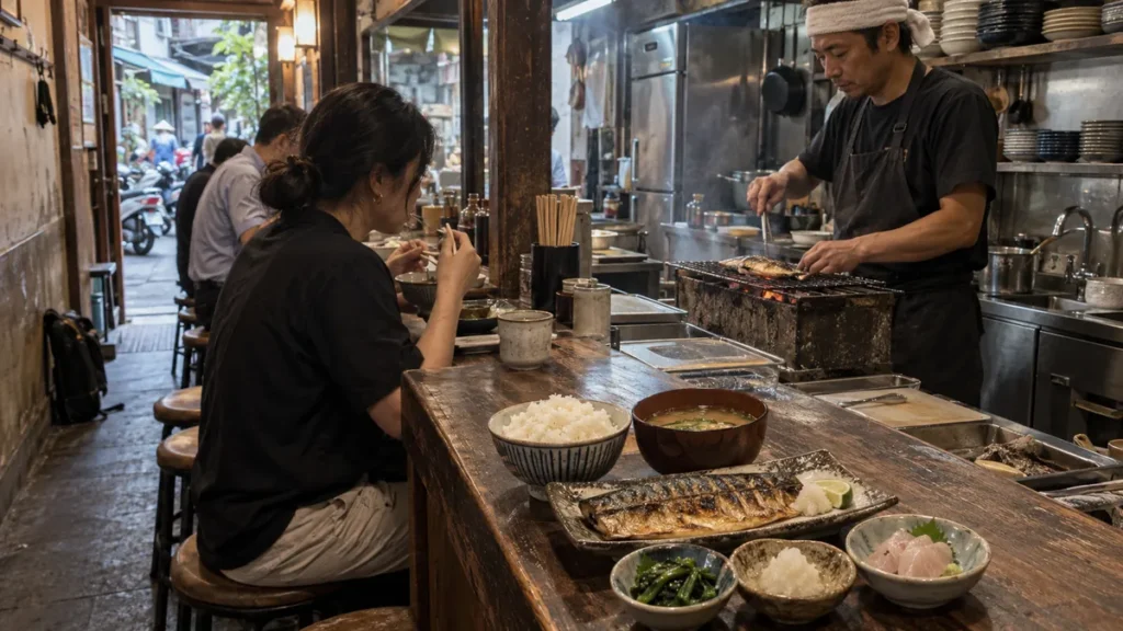 ホーチミン市の小さな朝食店で提供される焼き鯖の一汁三菜