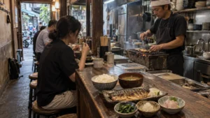 ホーチミン市の小さな朝食店で提供される焼き鯖の一汁三菜