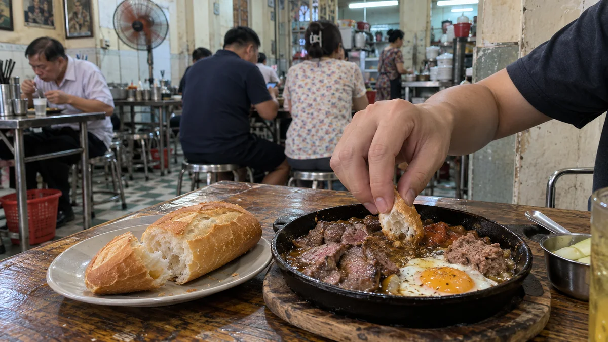 サイゴンの老舗で鉄鍋の牛肉とパテにパンを浸して食べるバインミー・チャオ