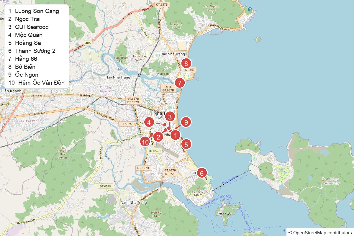 ニャチャンの海鮮の店10店の位置を番号で示した地図