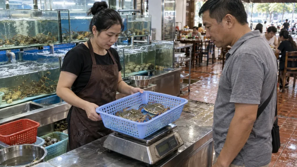 ニャチャンの海鮮店でカニの重さを確認する様子