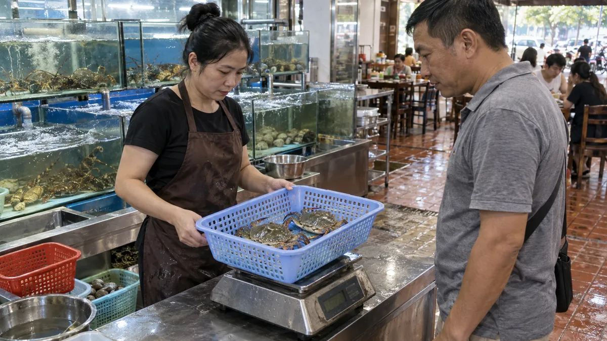 ニャチャンの海鮮店でカニの重さを確認する様子