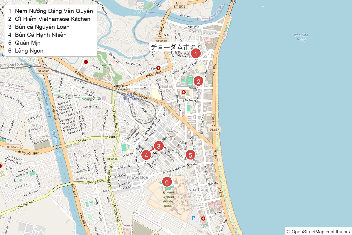 ニャチャンのベトナム料理の店7店の位置を番号で示した地図