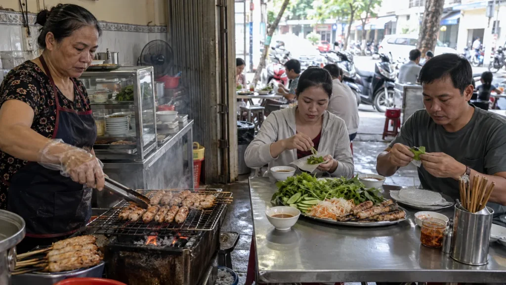 ニャチャンの食堂でネムヌォンを焼く店員と食事客