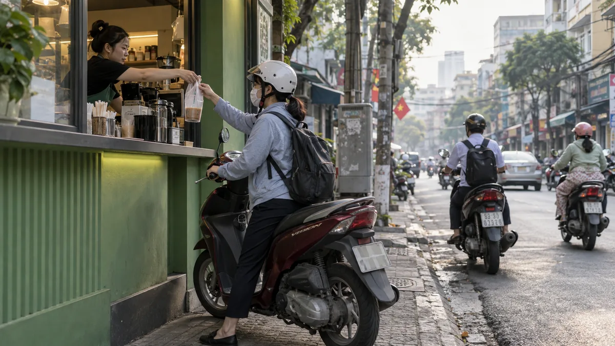 ホーチミンの街角で通勤途中にテイクアウトコーヒーを受け取る人