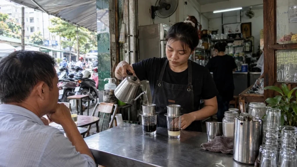 ホーチミンの街角カフェでフィンコーヒーを抽出するスタッフ