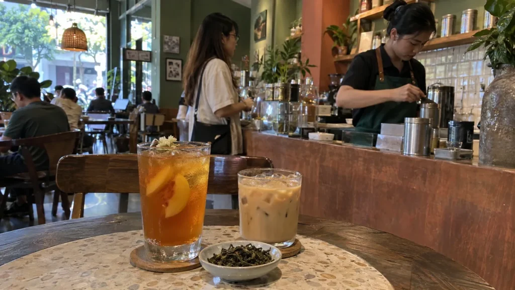 ホーチミンのカフェで提供されるピーチティーとベトナムミルクティー